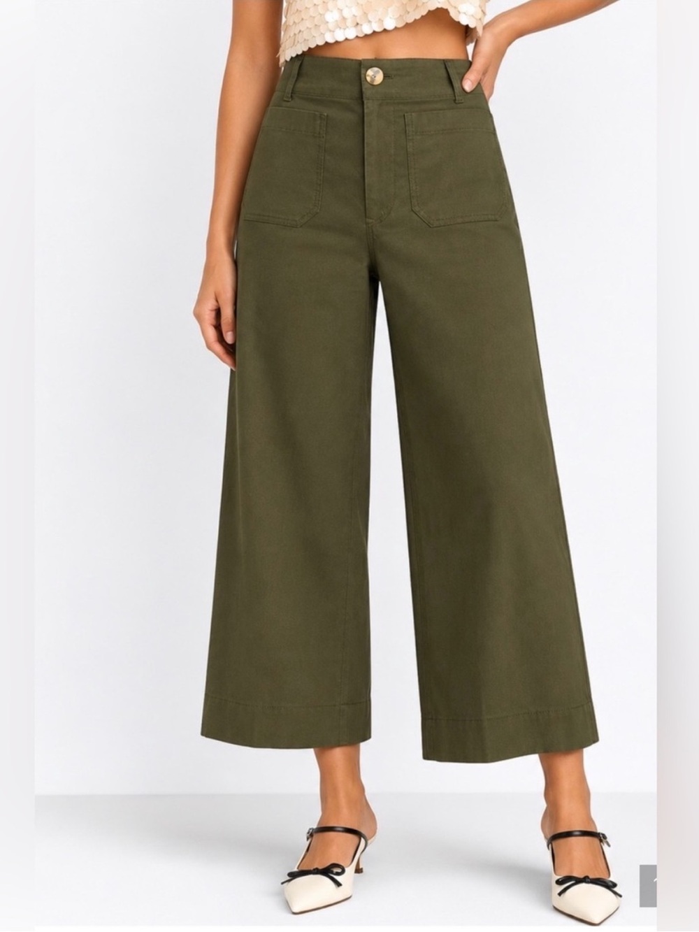 Anthropologie MAEVE High-Rise Wide-Leg Colette Pant Olive Magic Fabric Womens 25